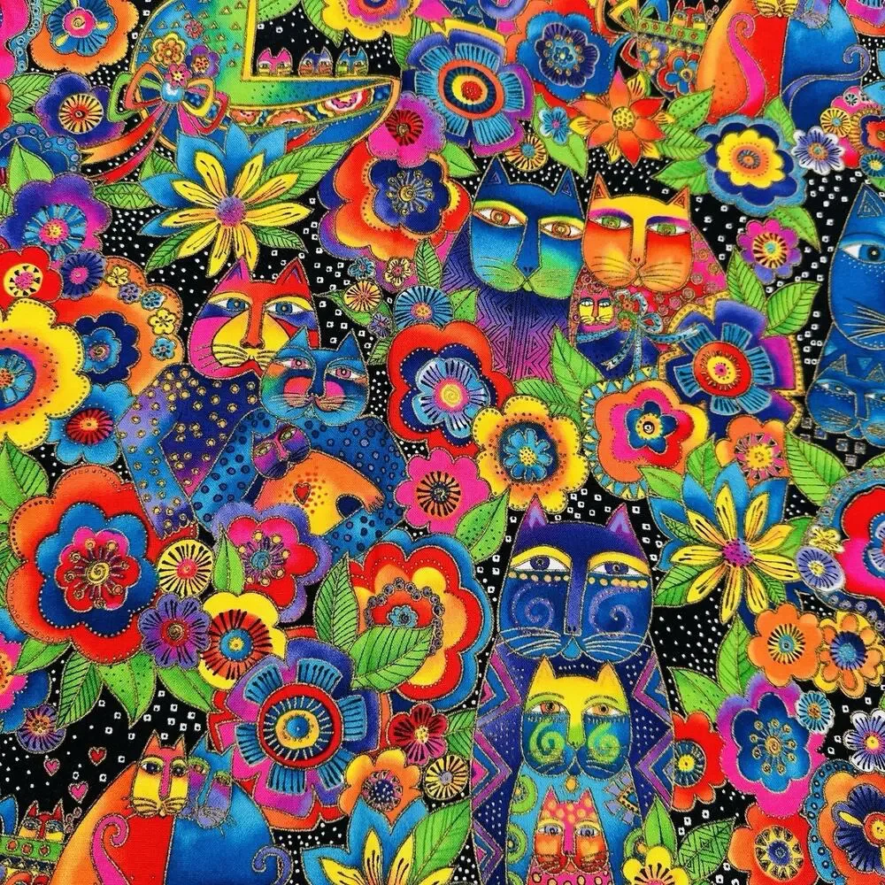 HTF RARE Fanciful Felines Laurel Burch Clothworks Cats Flowers Fabric 2 yards!